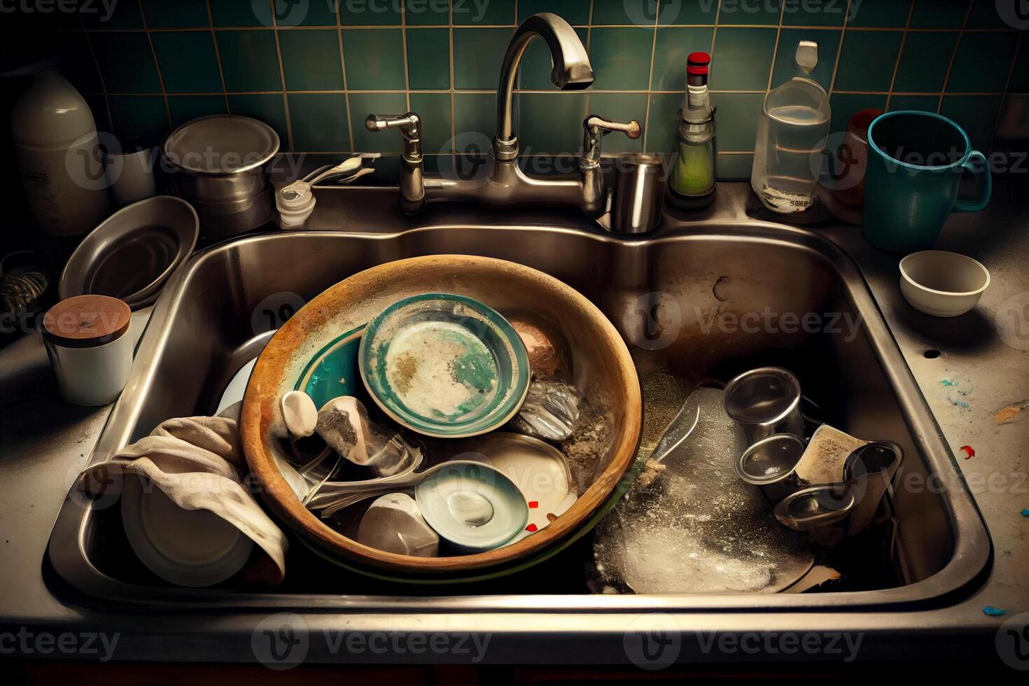 sujo pratos dentro a cozinha Pia ilustração generativo ai foto