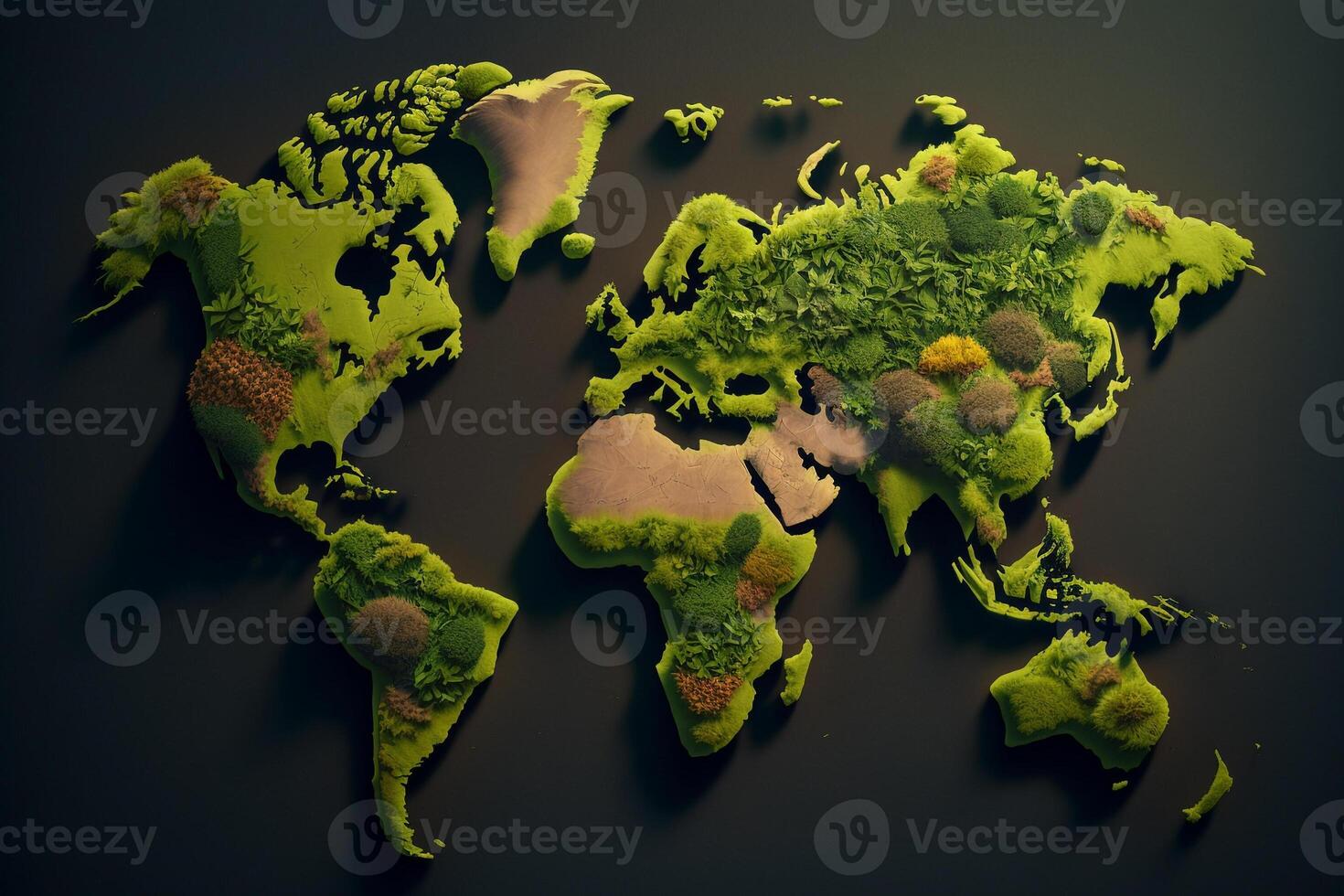 verde musgo coberto mundo mapa, geografia planeta ilustração generativo ai foto