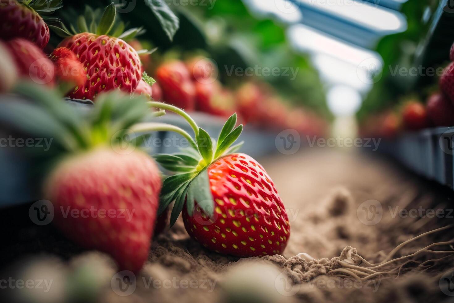 crescendo estufa vermelho morango plantação ilustração generativo ai foto