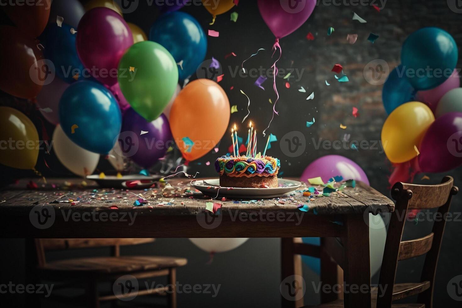 celebração festa aniversário bolo com colorida balões generativo ai foto