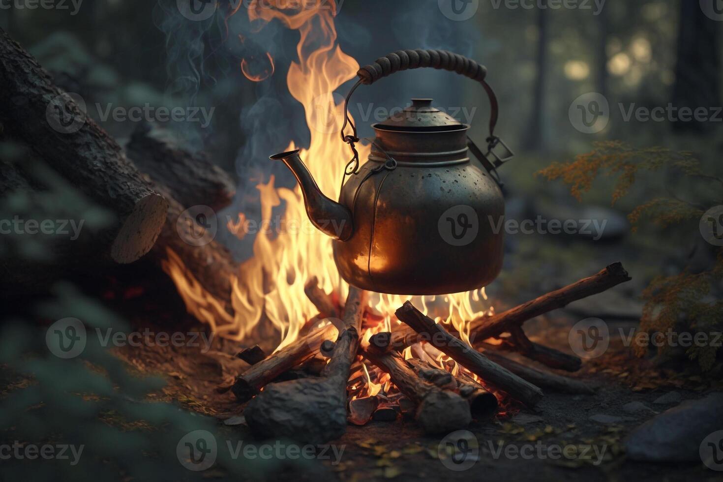 chaleira em uma fogueira dentro a bosques, preparando uma quente beber dentro natureza generativo ai foto