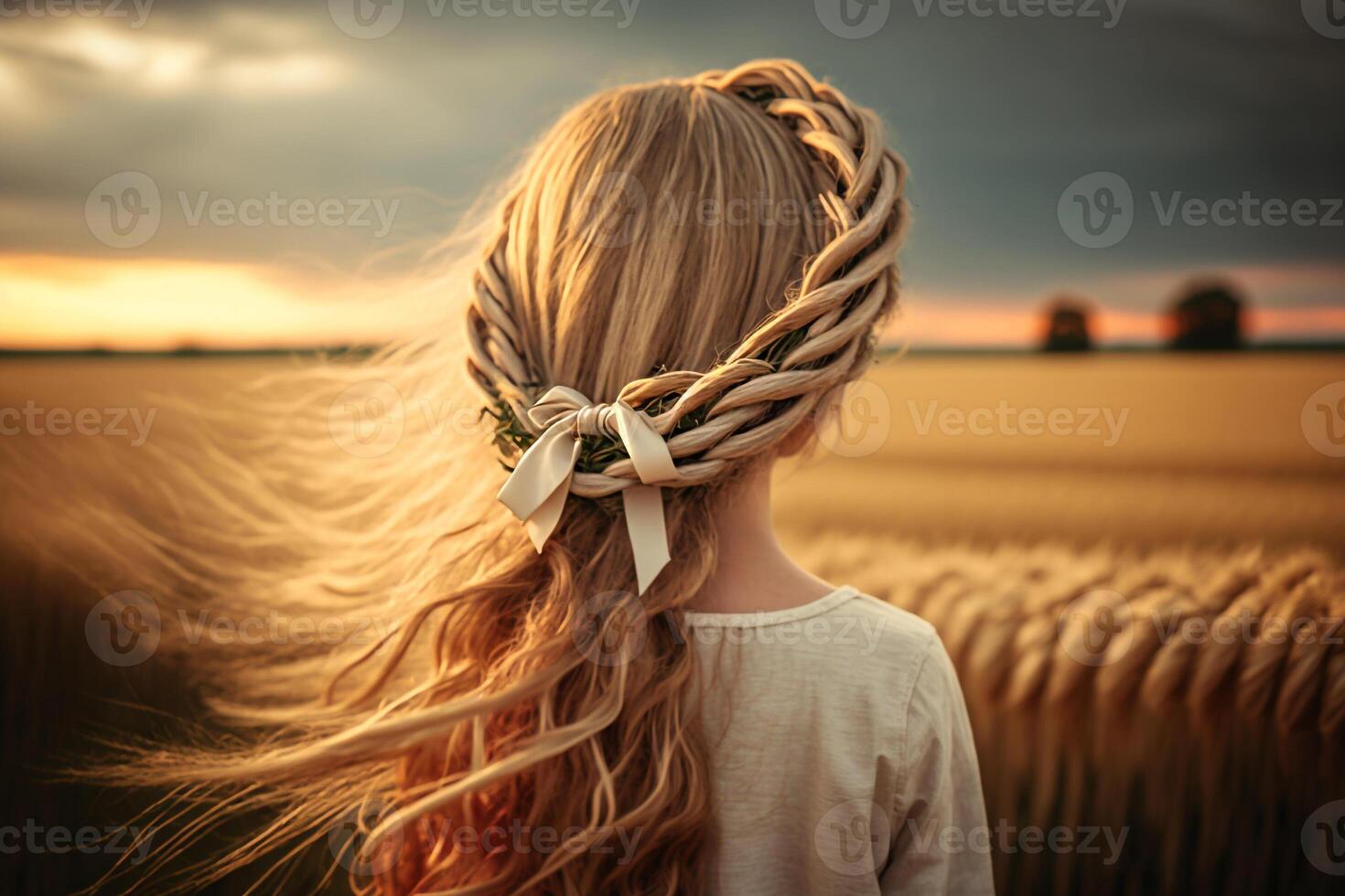 menina com uma trançado trança cabelo dentro uma trigo campo generativo ai foto