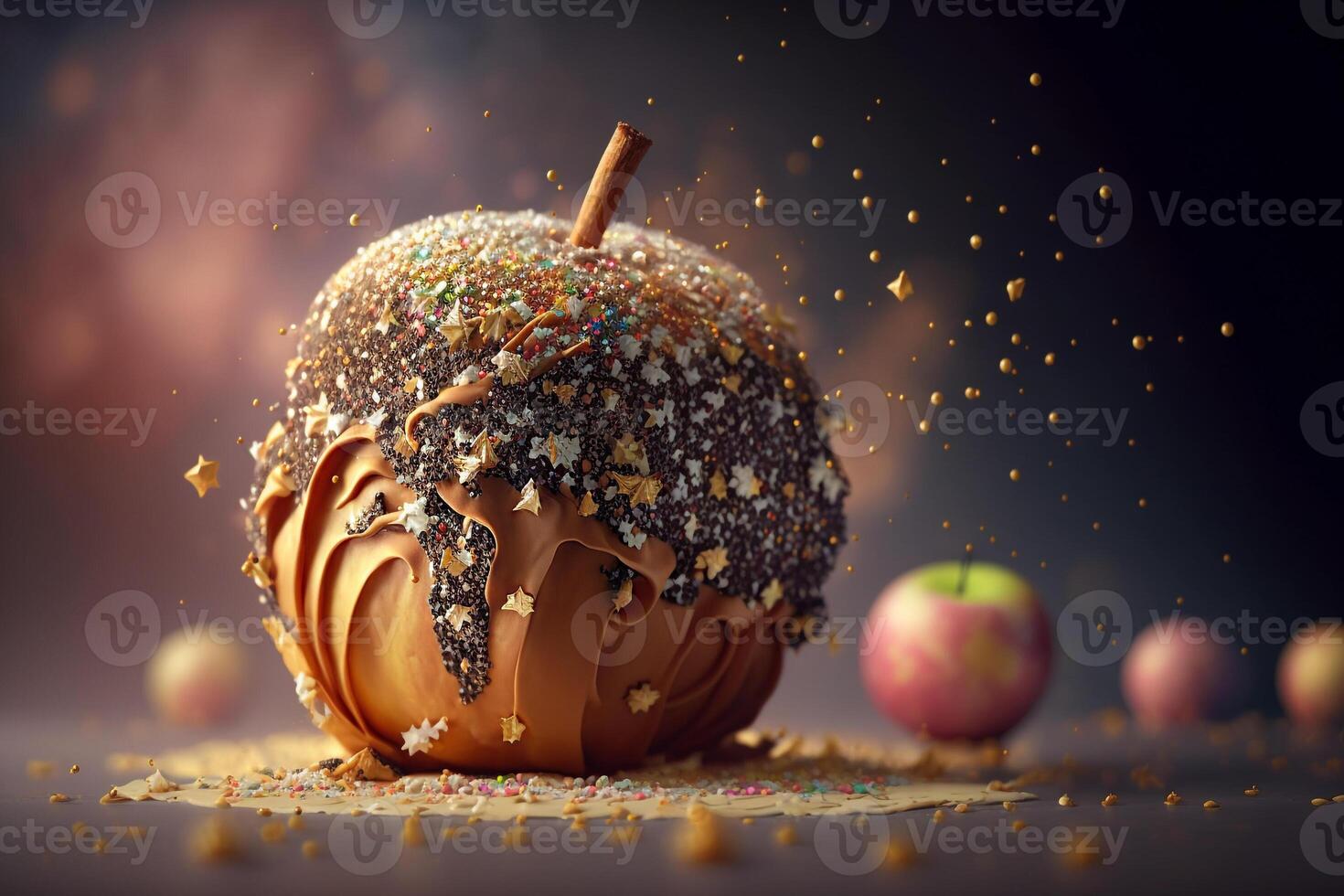 maçã com caramelo e doce colorida granulados ilustração generativo ai foto