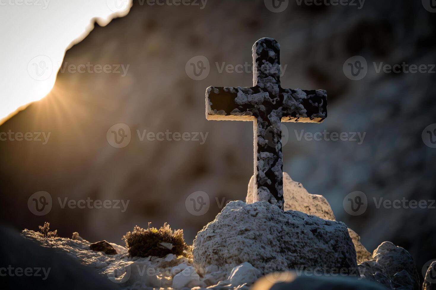 Deus Sol luz do fé, cruz dentro Rocha generativo ai foto