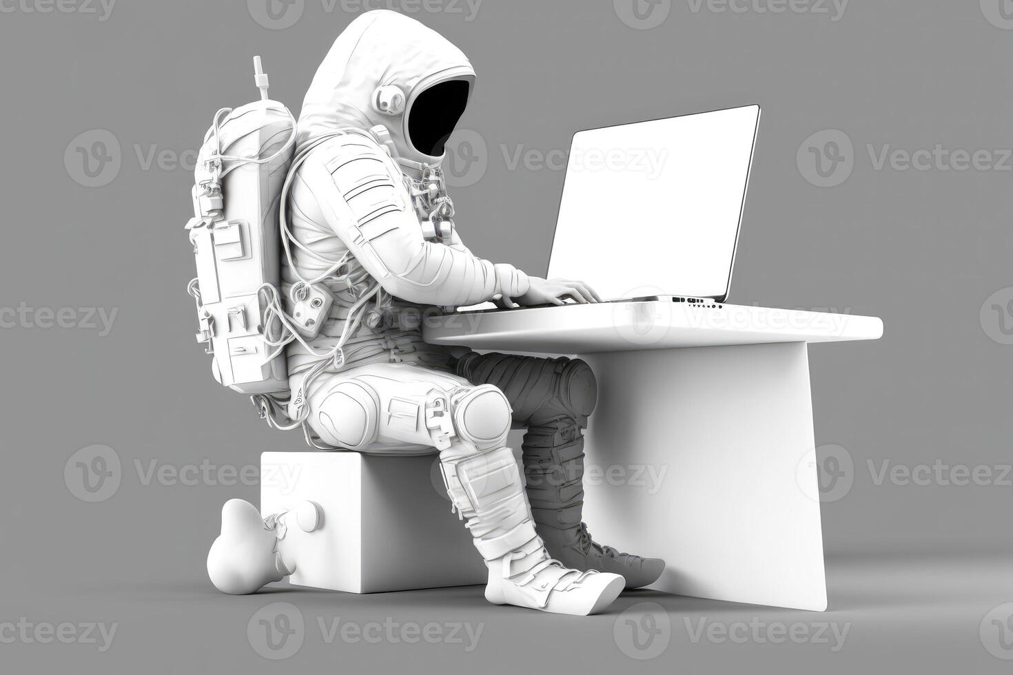 ai gerado 3d astronauta senta às uma escrivaninha e trabalho em a computador portátil. lado visualizar. foto