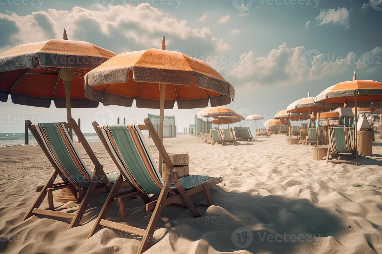 de praia cadeiras em a branco areia de praia com nublado azul céu e Sol. cadeiras e guarda-chuva em uma lindo tropical de praia. generativo ai. foto