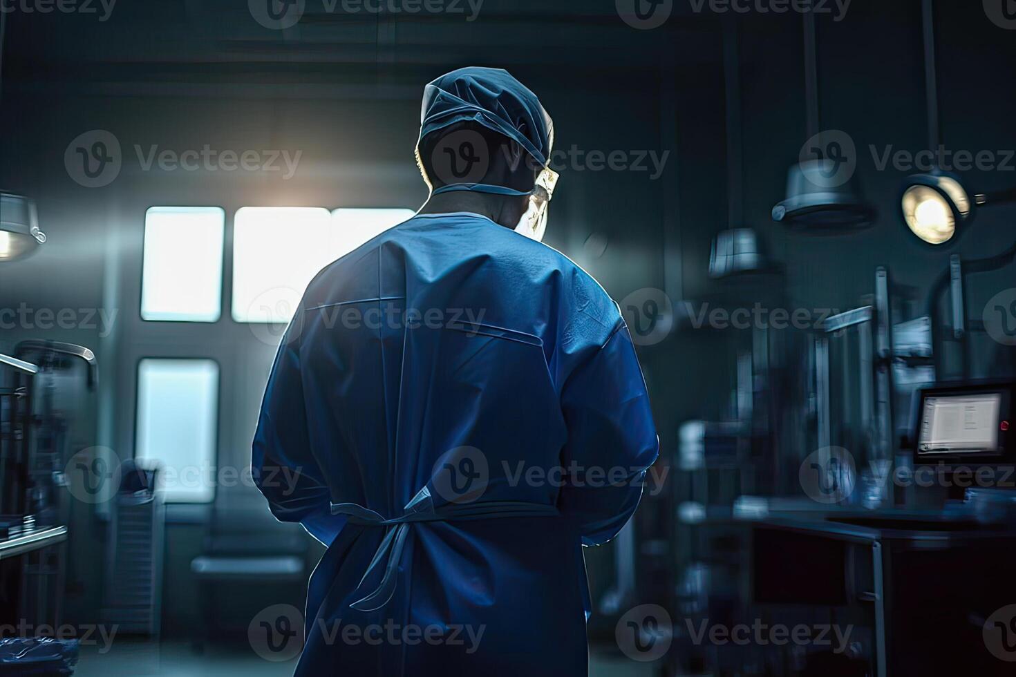 metade corpo costas Visão do uma saúde Cuidado trabalhador em pé dentro uma hospital. inexistente pessoa. generativo ai. foto
