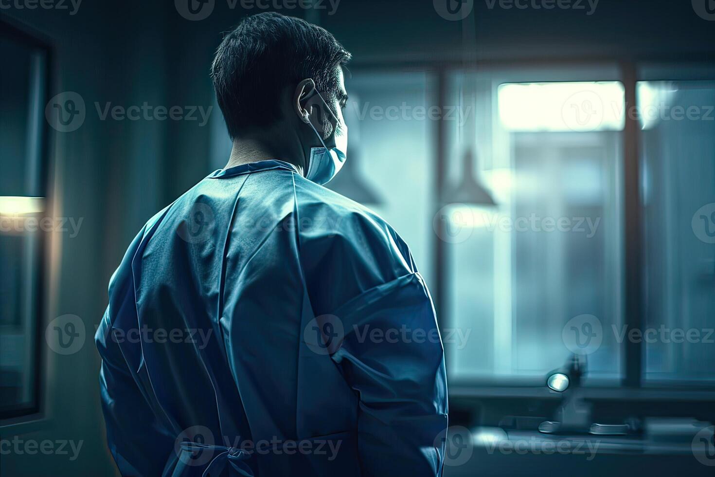metade corpo costas Visão do uma saúde Cuidado trabalhador em pé dentro uma hospital. inexistente pessoa. generativo ai. foto