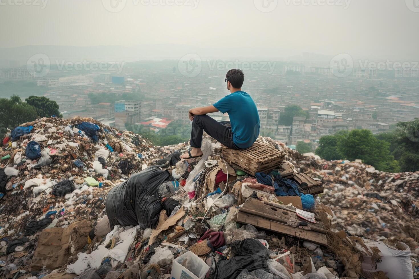 mamãe sentado em topo do enorme despejo com uma muitos do plástico desperdício e vários usava lixo. de Meio Ambiente poluição conceito. criada com generativo ai foto