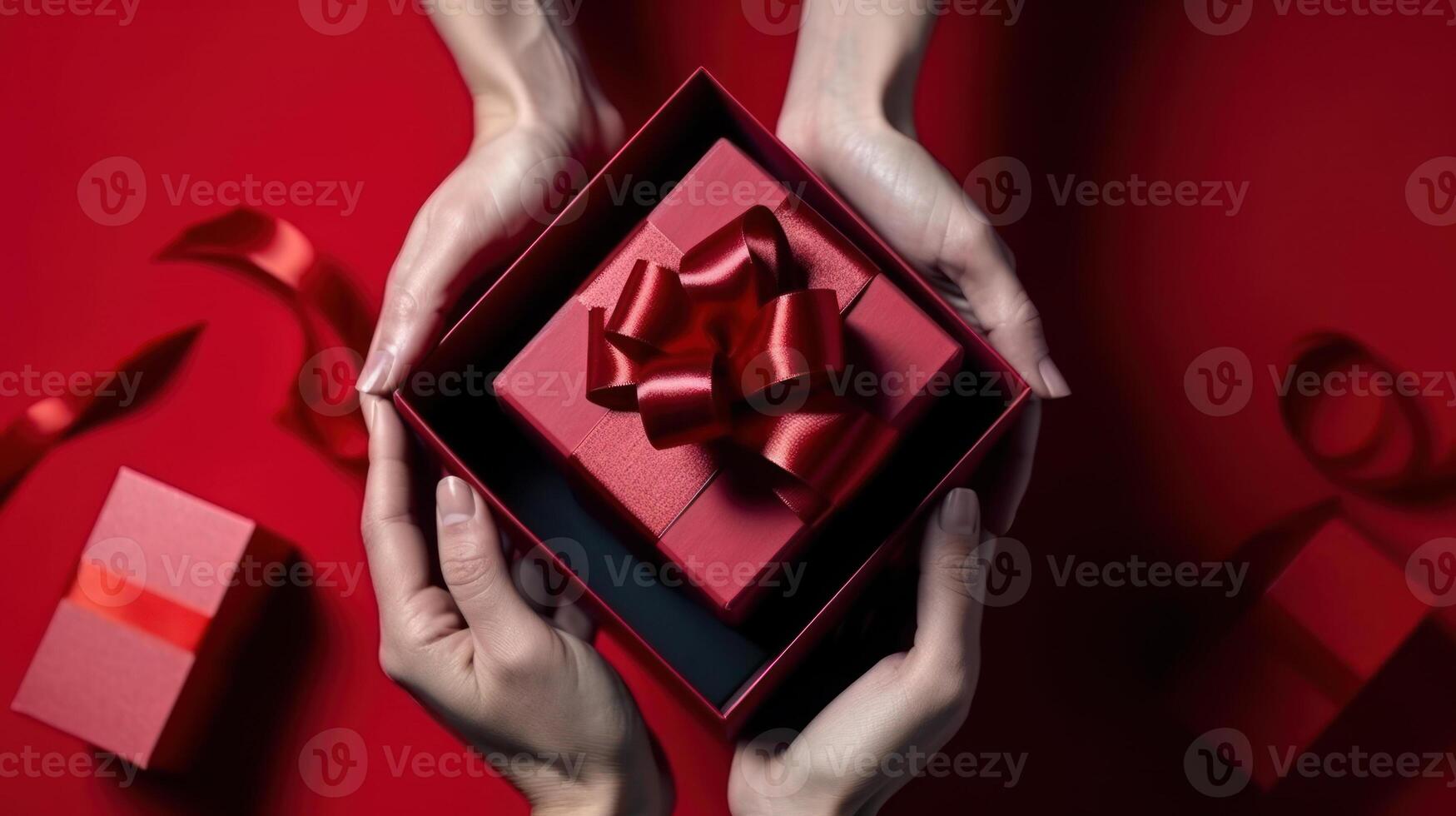 mãos dar uma vermelho presente caixa, feriado presente para menina generativo ai foto