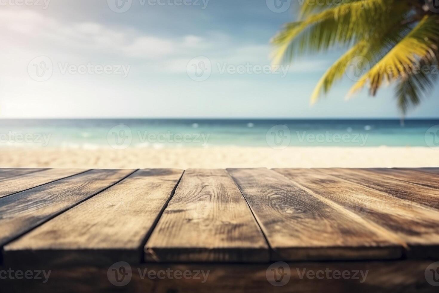 de madeira mesa em a tropical praia, criada com generativo ai foto