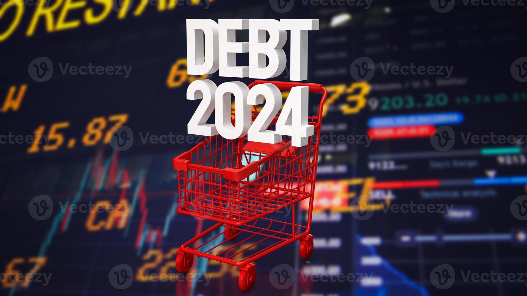 a dívida 2024 dentro super mercado carrinho para o negócio conceito 3d Renderização foto