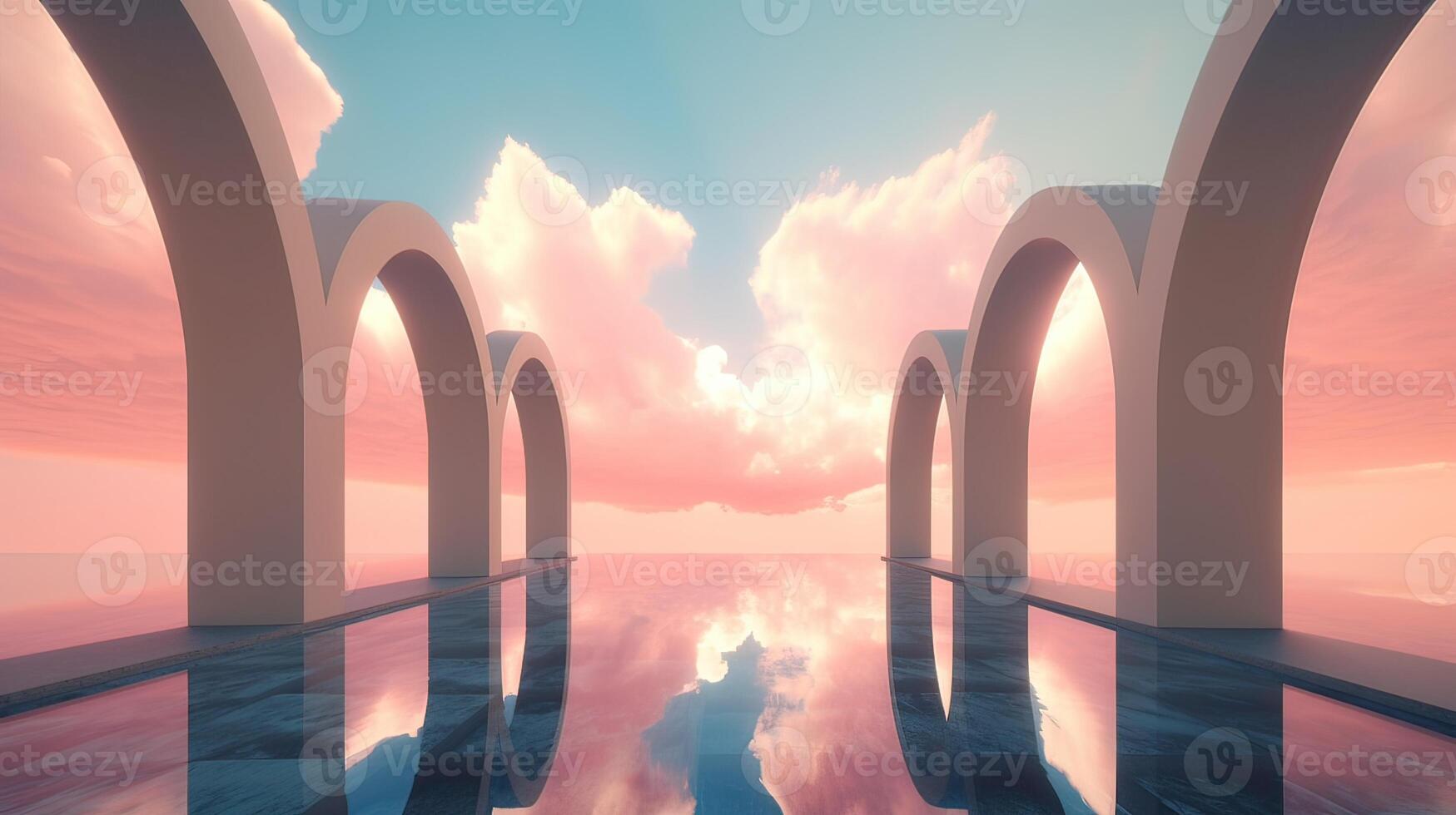 ilustração do a abstrato verão panorama cena com geométrico forma. oceano de praia visualizar. 3d Renderização. generativo ai. foto