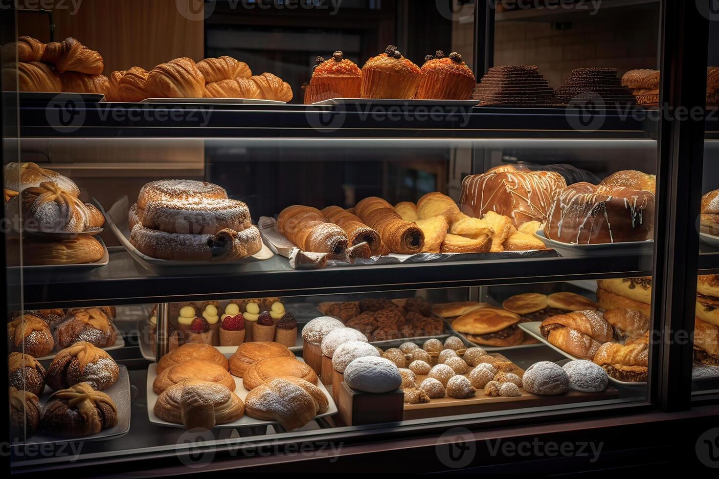 padaria interior com exibição contadores cheio do delicioso pão e pastelaria. fazer compras uma pastelaria ou padaria com croissants, maçã tortas, waffles, e churros. recentemente cozido pastelaria. generativo ai foto