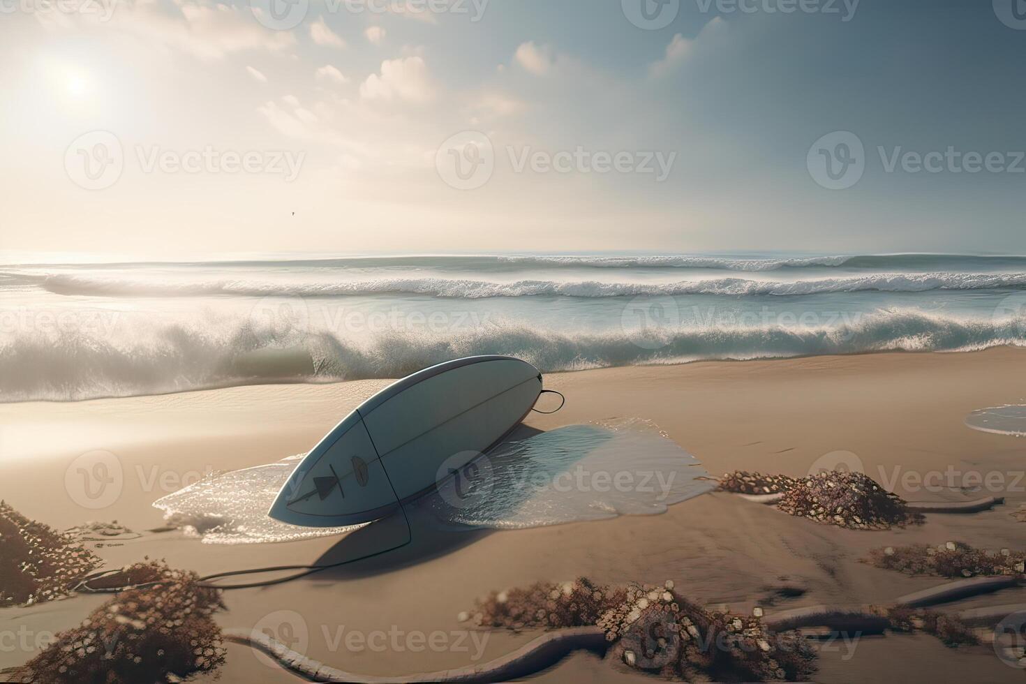 prancha de surfe em a de praia com de praia placa para surfar área. viagem aventura e água esporte. relaxamento e verão período de férias conceito. vintage cor tom image.generative ai foto