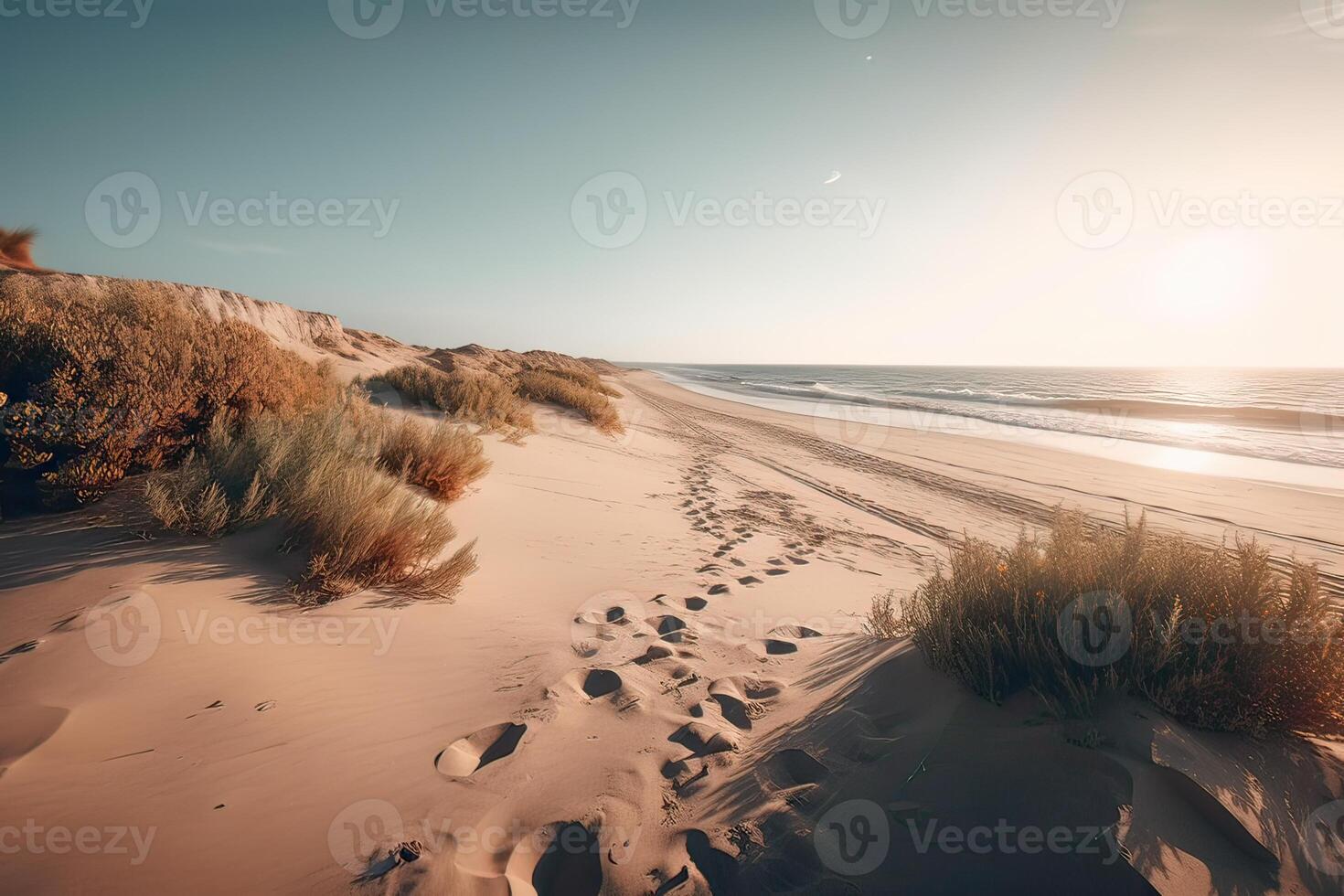 surpreendente de praia com sem fim horizonte e vestígios em a areia. generativo ai. foto