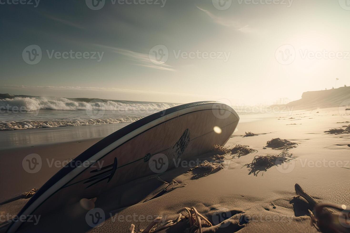 prancha de surfe em a de praia com de praia placa para surfar área. viagem aventura e água esporte. relaxamento e verão período de férias conceito. vintage cor tom imagem. generativo ai foto