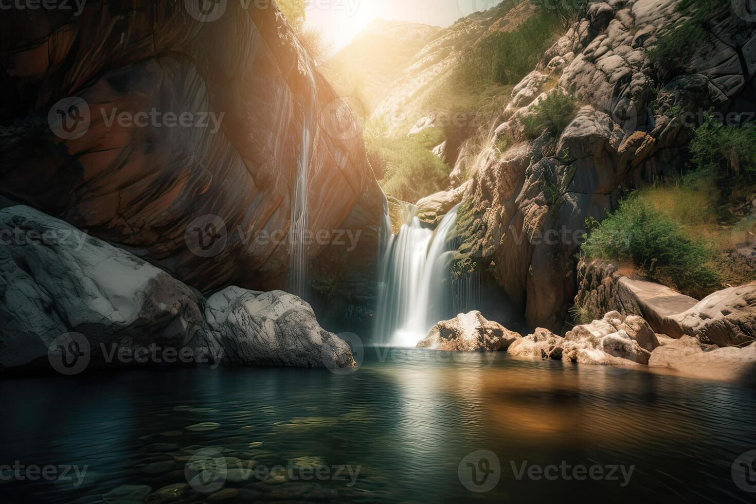 ótimo Visão em cascata com colorida céu durante pôr do sol. Maravilhoso natureza panorama. viagem é uma estilo de vida, conceito. Islândia popular Lugar, colocar do viagem e Turística localização. generativo ai. foto