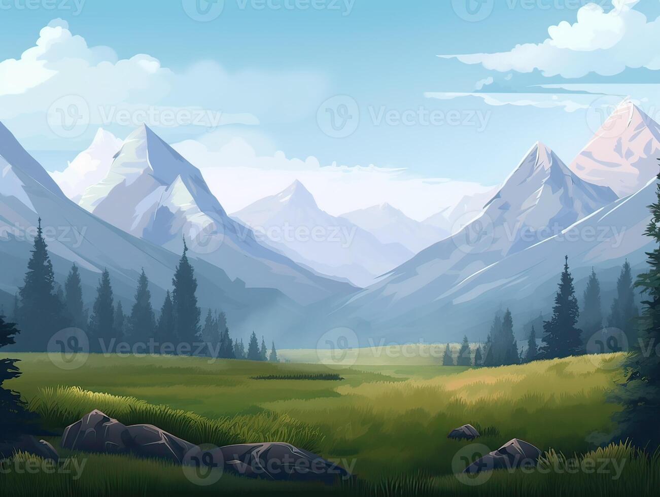ilustração do plano verão desenho animado panorama. Campos com árvores e montanhas dentro a fundo. generativo ai. foto