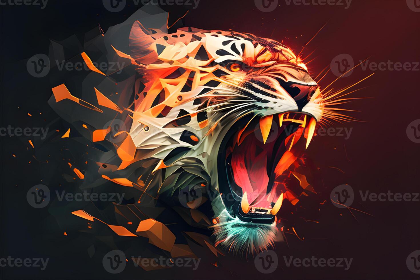 abstrato colorida polígono tigre rugindo vermelho queimando face para folheto, livro cobrir, e poster. ilustração Projeto de generativo ai. foto