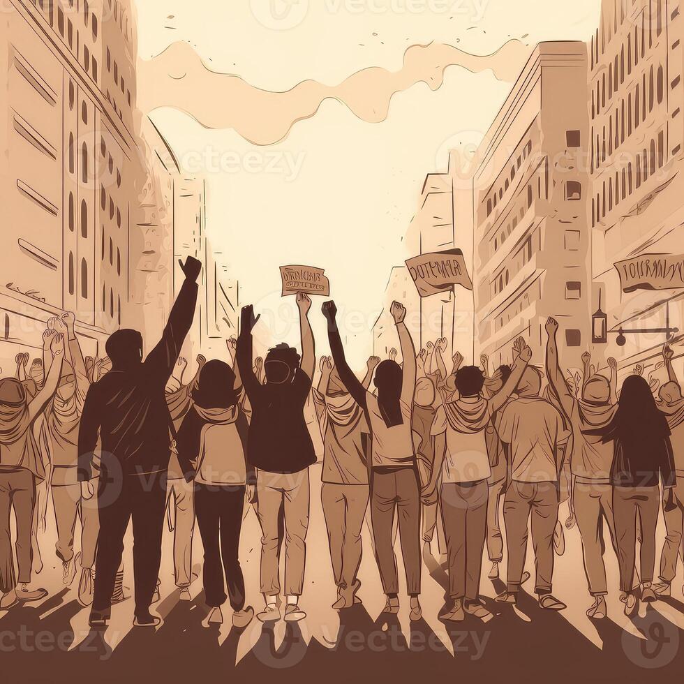 a conceito do a luta para direitos e liberdades. protesto. mãos cerrado para dentro punhos, contra . plano ilustração. criada com generativo ai. foto