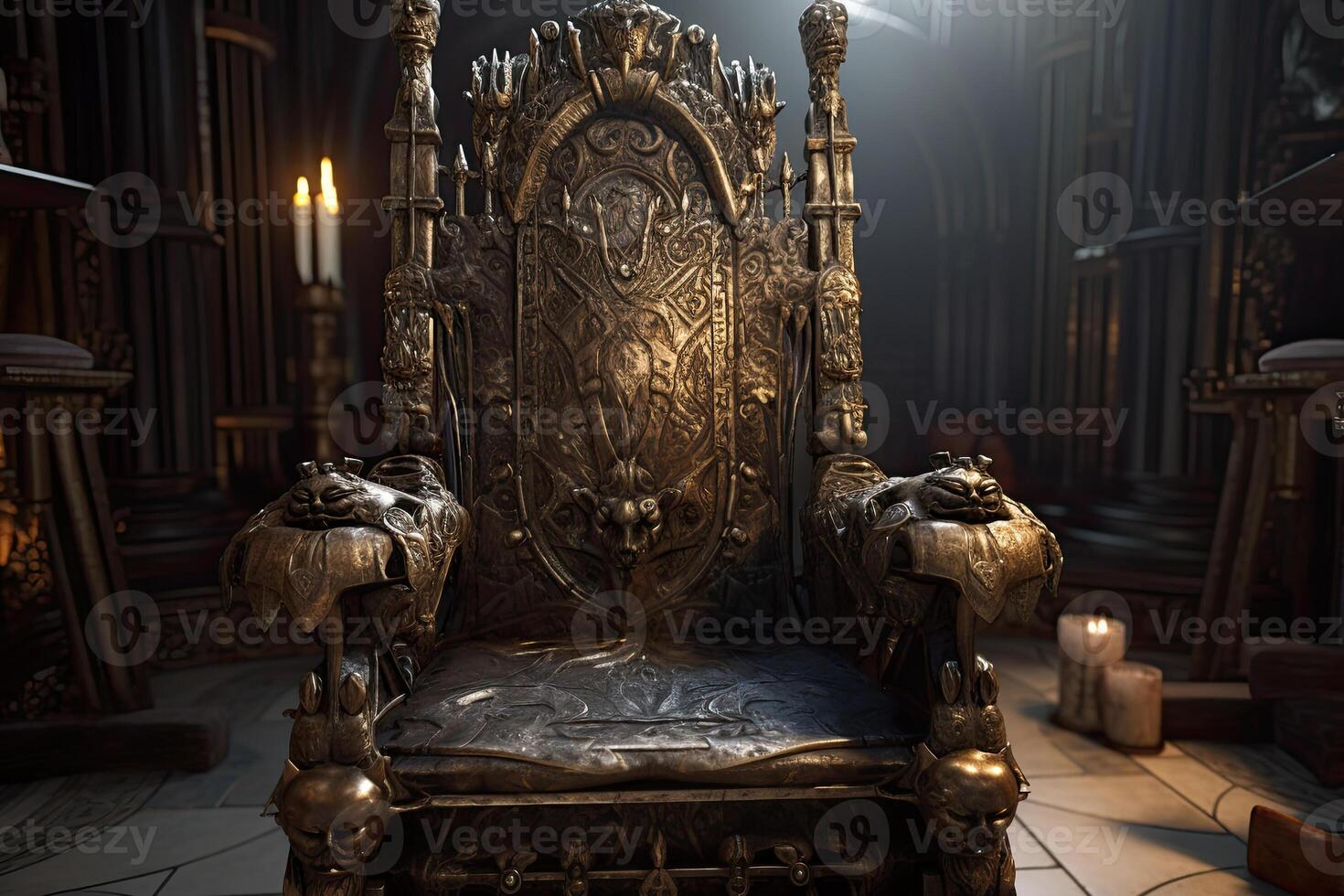 esvaziar real trono dentro Sombrio castelo corredor. fantasia medieval trono para rei. criada com generativo ai foto