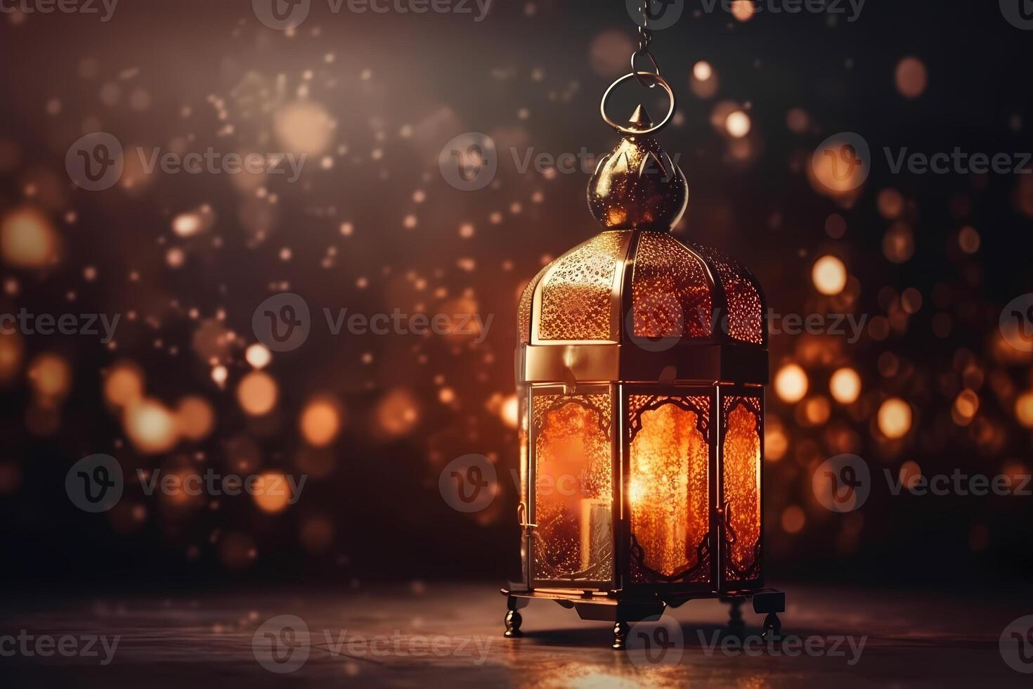 Ramadã kareem islâmico saudações Projeto fundo com lindo noite luz bokeh efeito. ai gerado foto