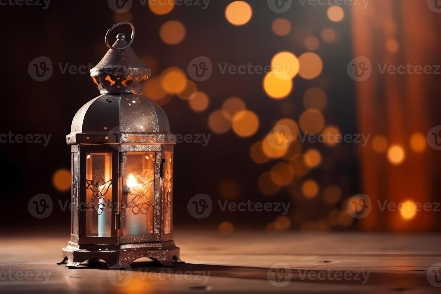 Ramadã kareem islâmico saudações Projeto fundo com lindo noite luz bokeh efeito. ai gerado foto