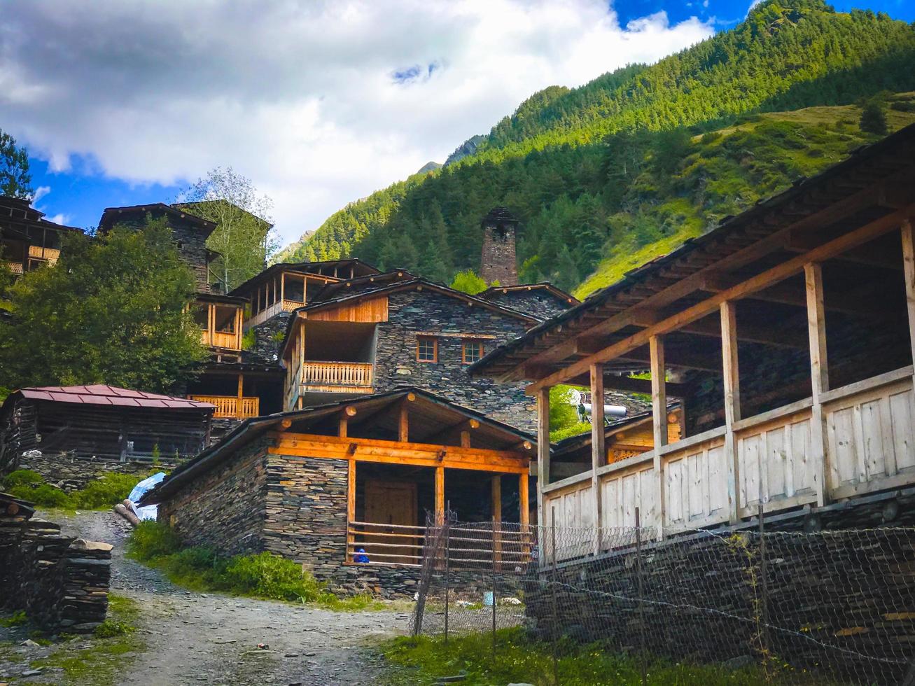 região de tusheti, georgia 2020 - vista panorâmica do rio e edifícios e torres exclusivos da vila de dartlo foto