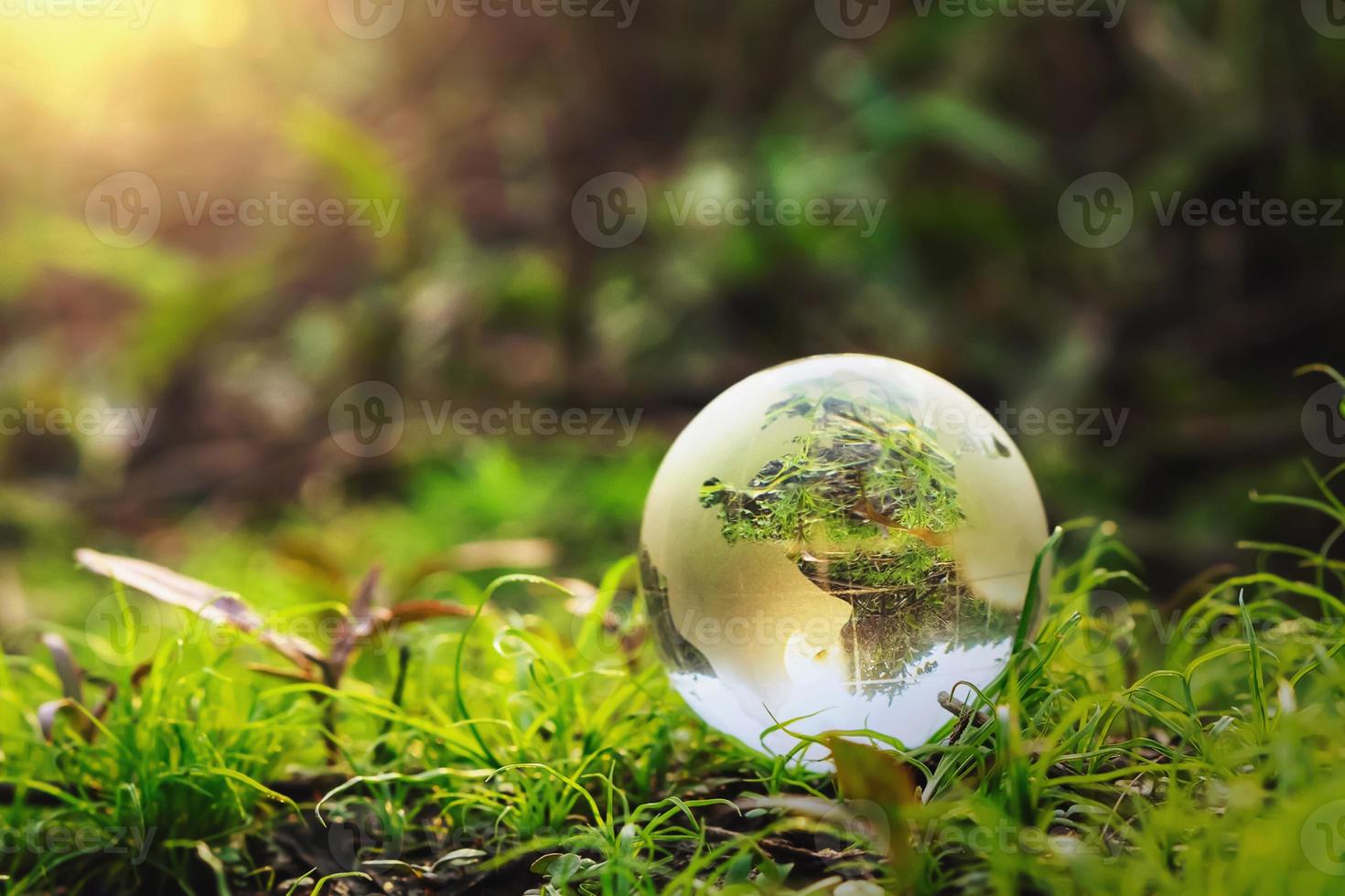 vidro globo na grama com sol. conceito de ambiente foto