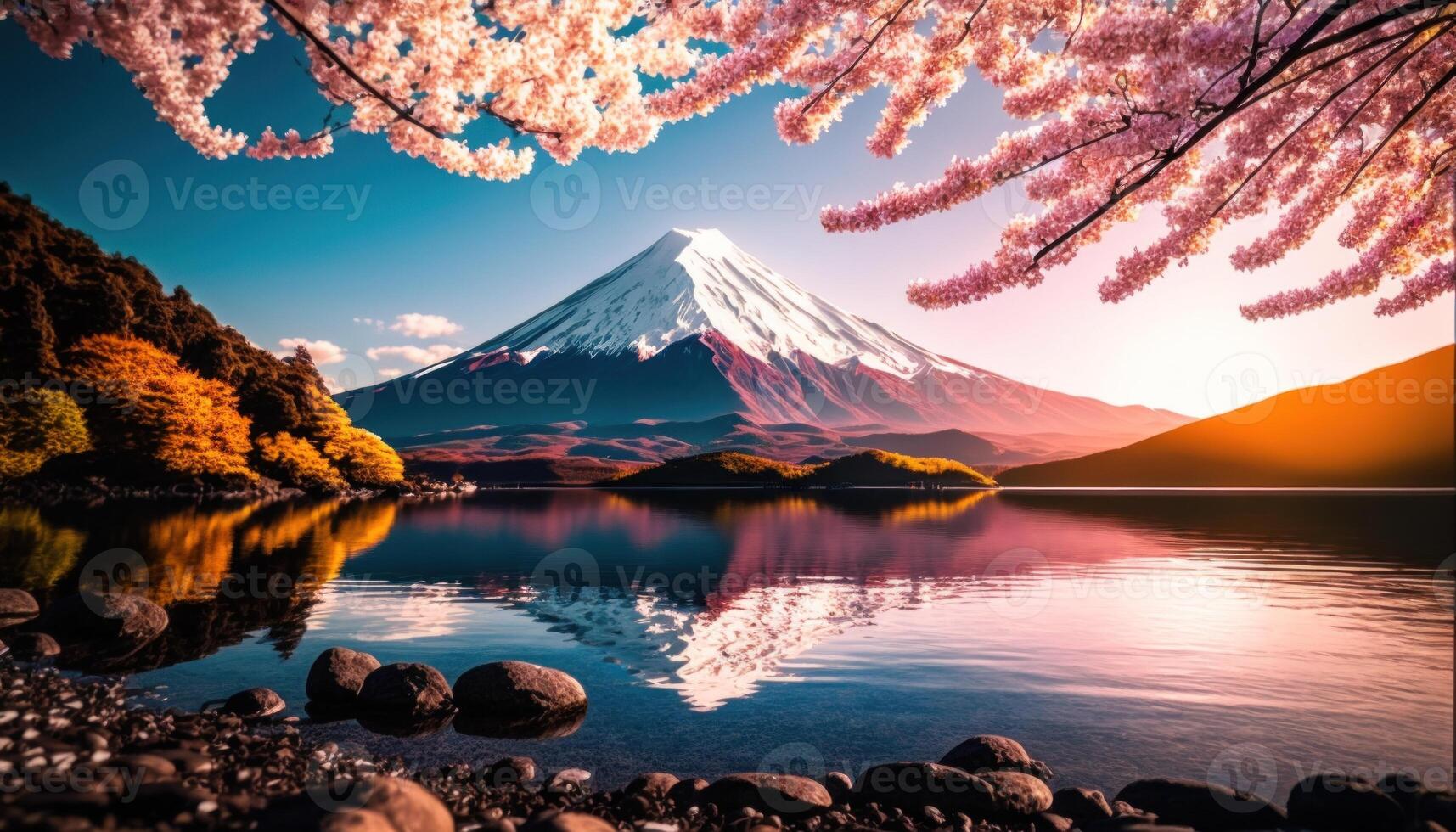 Visão do montar Fuji com cereja florescer, e flores às a lago dentro Japão. montar Fuji com cereja florescer, flores às a lago dentro Japão Fuji montanha às ponto de vista. generativo ai foto
