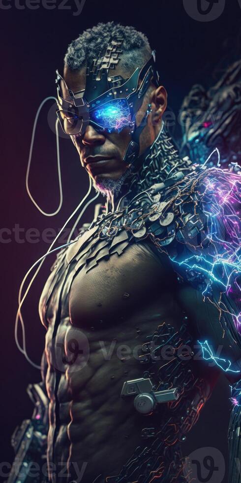 retrato do uma jovem cyborg homem com futurista cor metal virtual realidade copos, cyborg homem aumentado realidade, e futurista visão 3d. inexistente pessoa. generativo ai foto