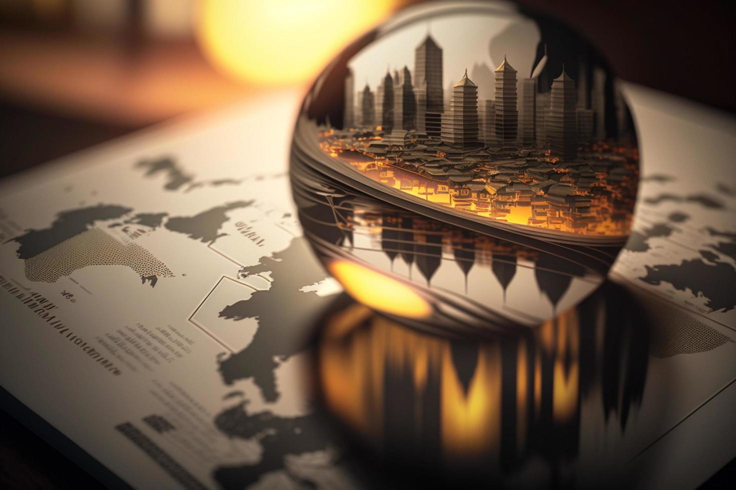 vidro globo em uma mapa, mostrando a reflexão do uma cidade, representando a importância do viajando foto