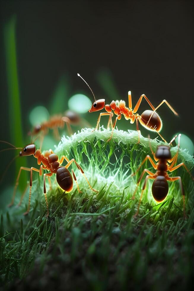 ilustração do uma vermelho tecelão formiga animal em verde grama, fez de generativo ai tecnologia foto