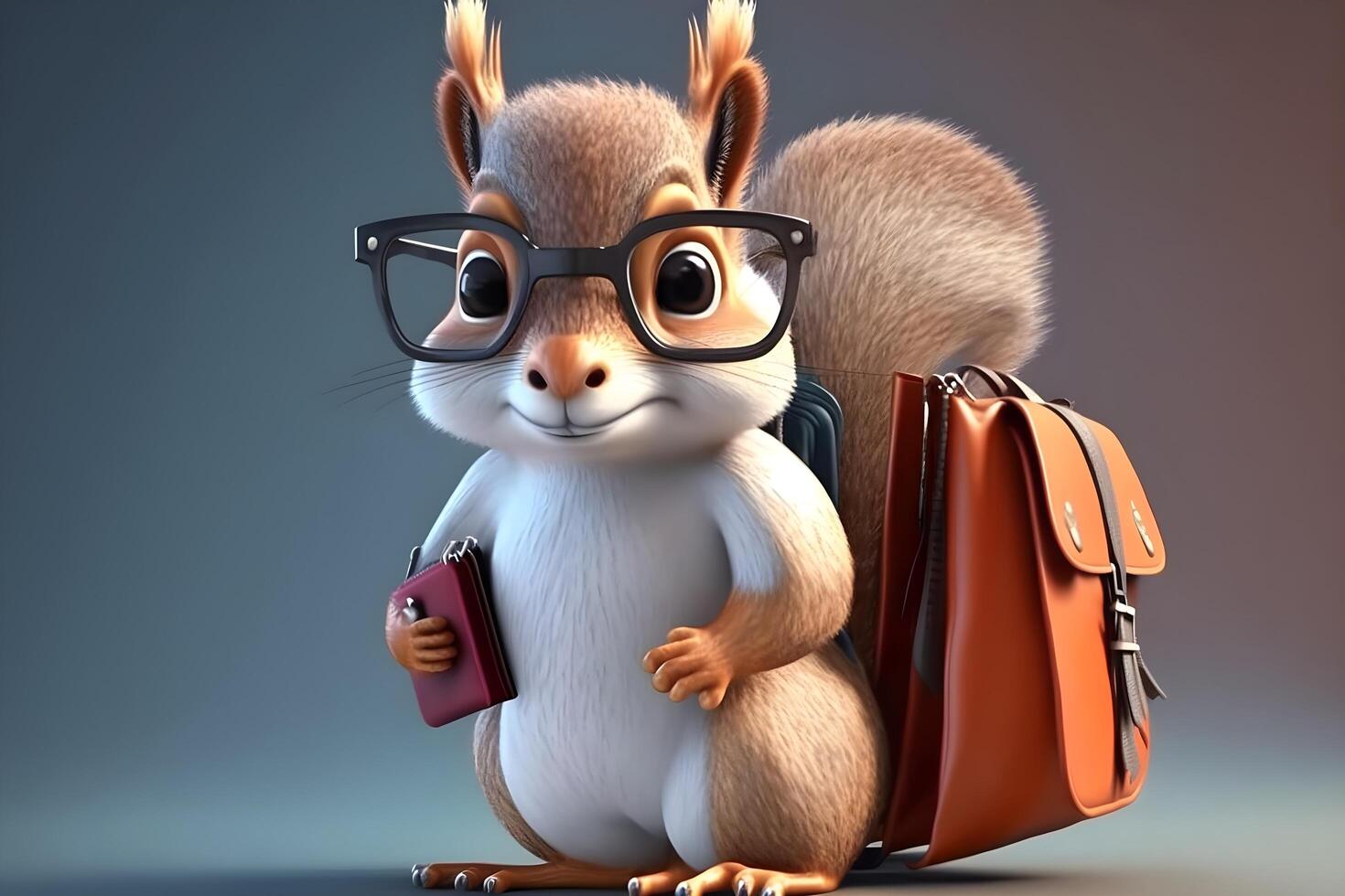 3d animação do uma esquilo vestindo uma saco e vestindo fofa óculos fez de generativo ai tecnologia foto