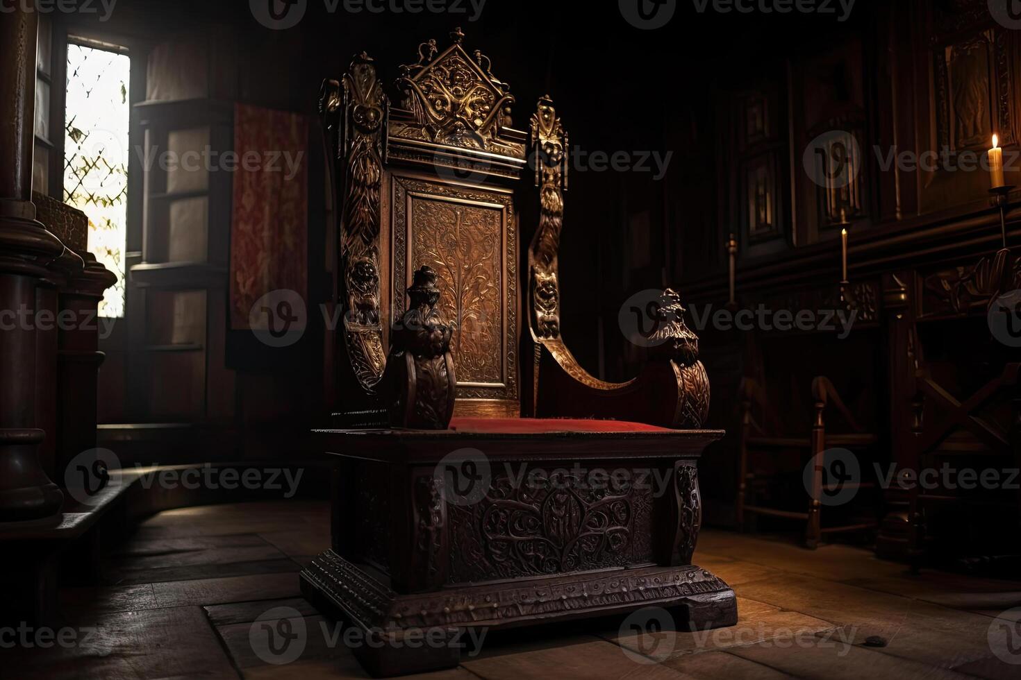 esvaziar real trono dentro Sombrio castelo corredor. fantasia medieval trono para rei. generativo ai foto