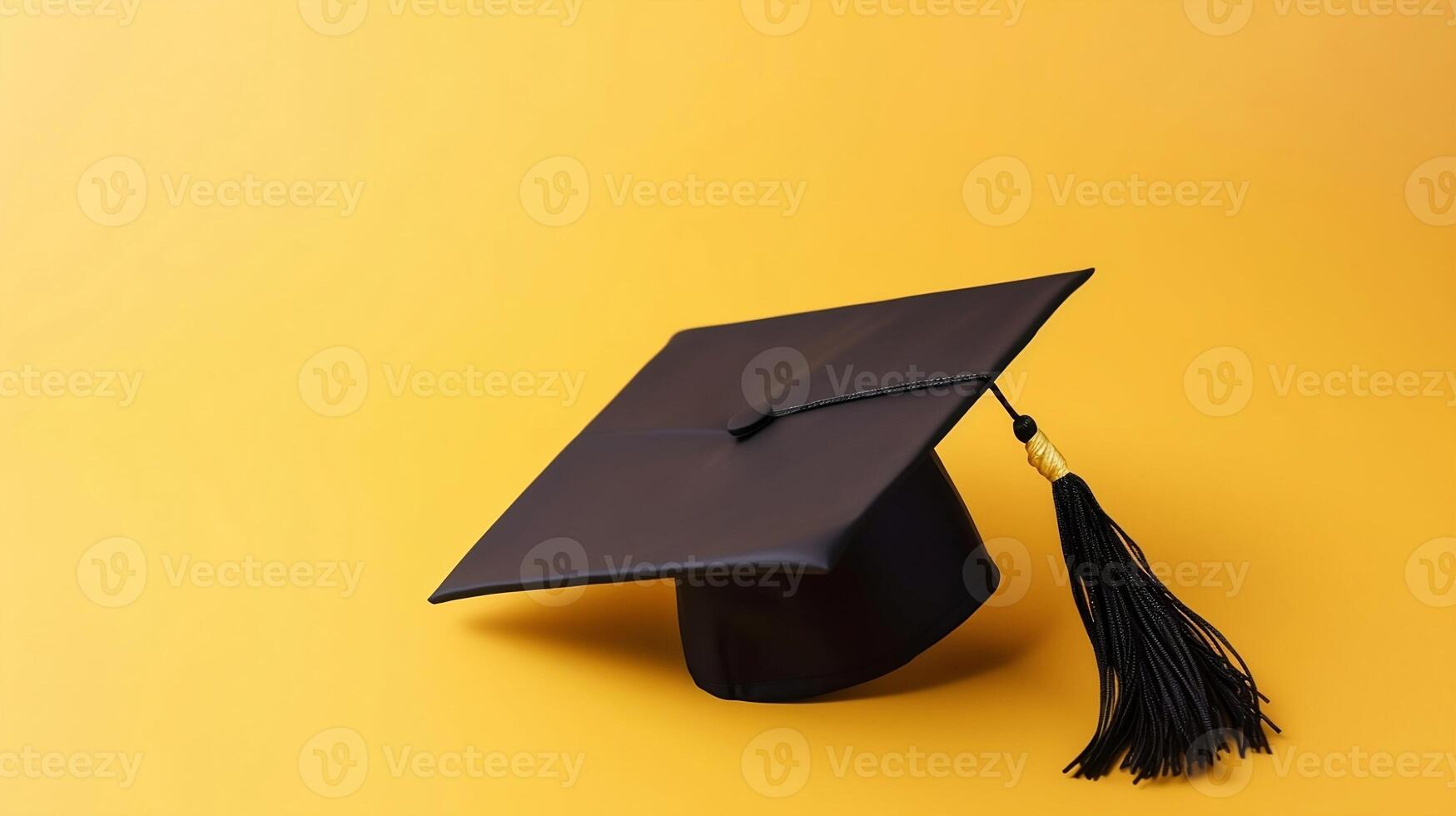 ai gerado Preto graduação chapéu, acadêmico boné ou mortarboard em amarelo fundo Educação cópia de espaço generativo ai foto