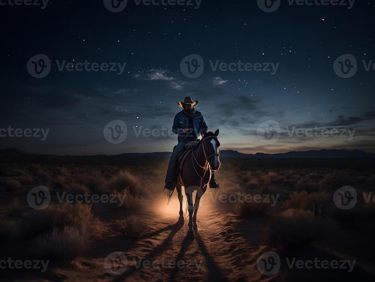 ocidental vaqueiro equitação dele cavalo às noite, ai gerado foto