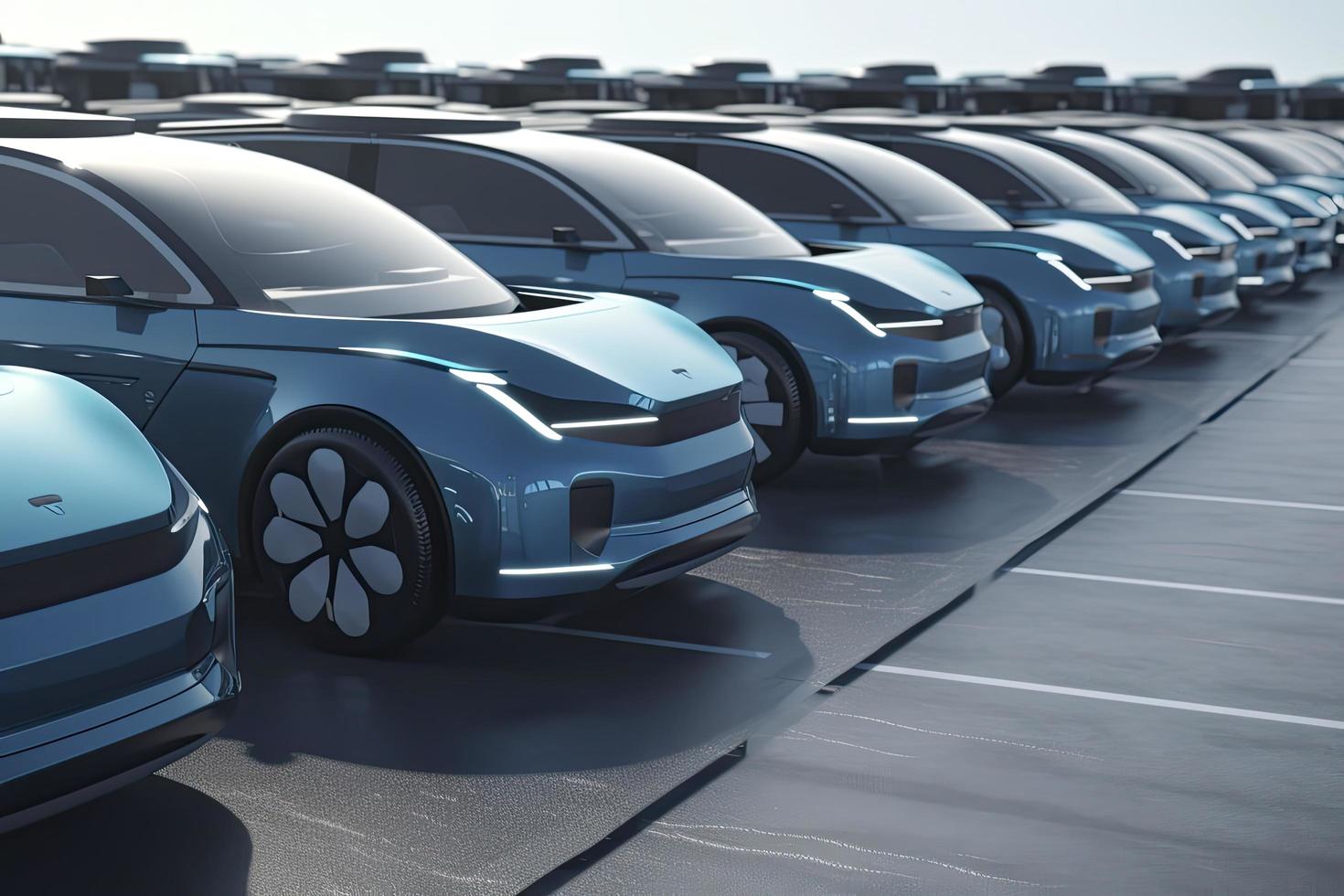 Novo auto dirigindo carros frota esperando para estar exportado, ampla quantias do elétrico veículo dentro concessionária estacionamento foto