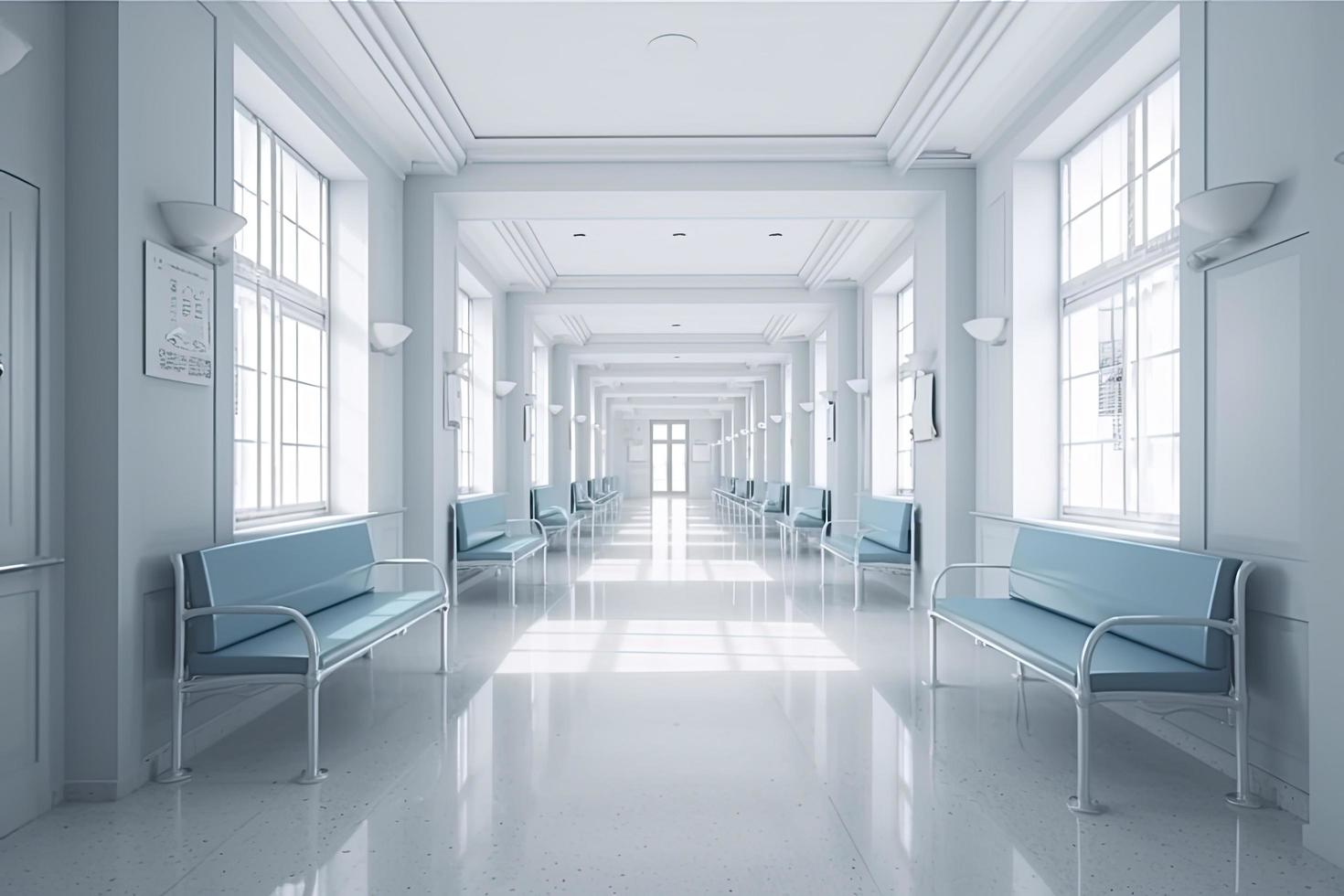 grandes hospital brilhante corredor com quartos e azul assentos 3d Renderização foto