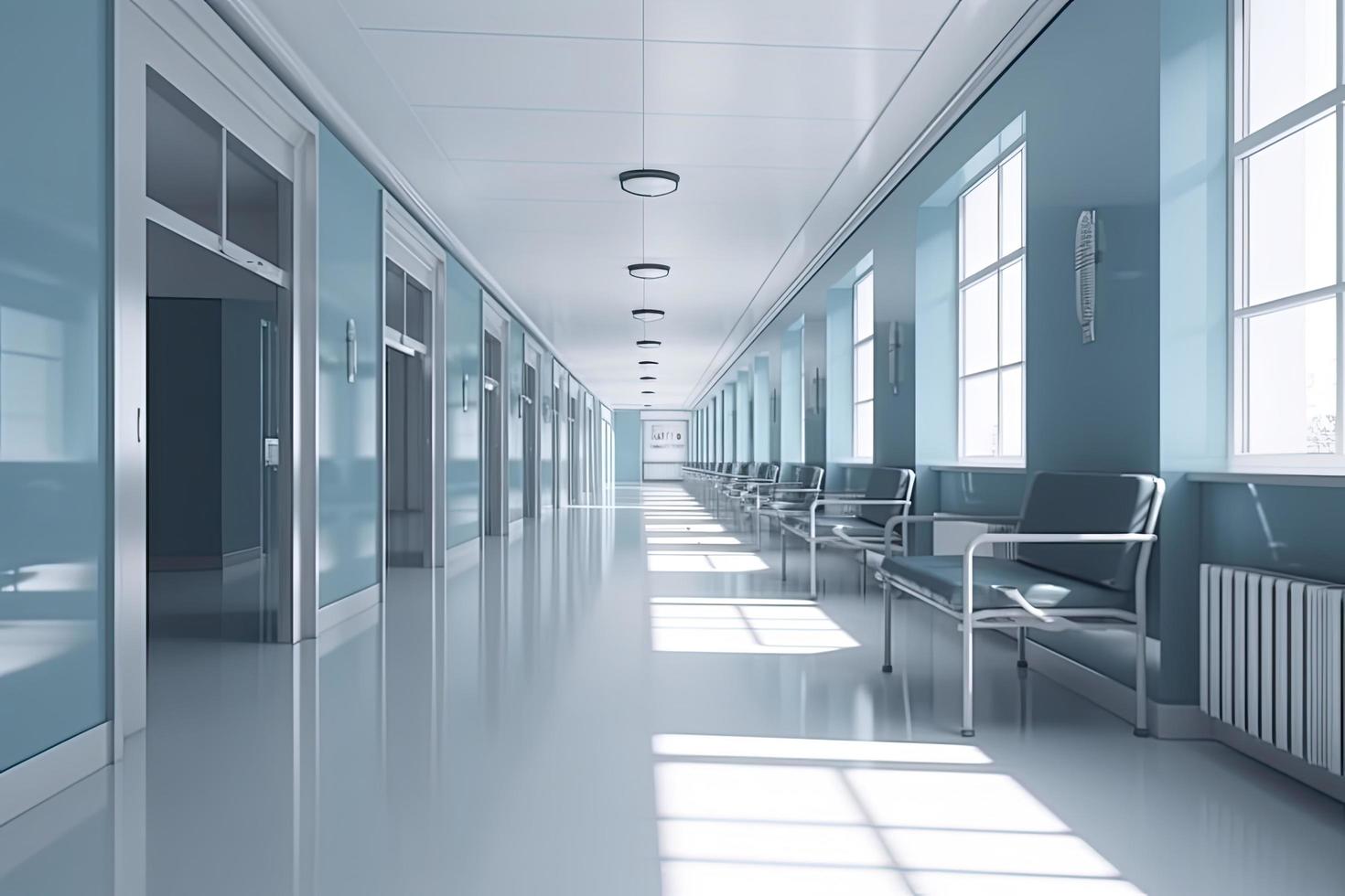 grandes hospital brilhante corredor com quartos e azul assentos 3d Renderização foto