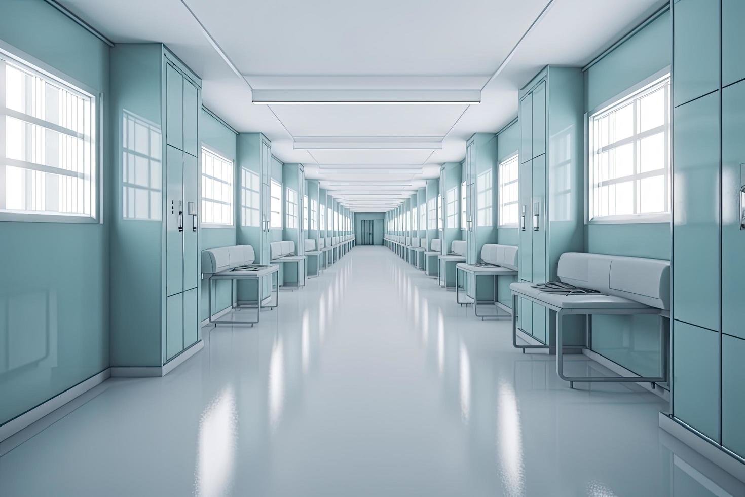 grandes hospital brilhante corredor com quartos e azul assentos 3d Renderização foto