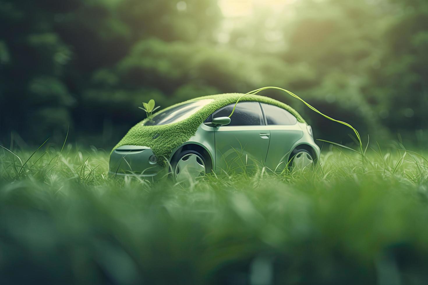elétrico carro com verde folha ícone em borrão Relva fundo, ecologia e meio Ambiente conceito foto