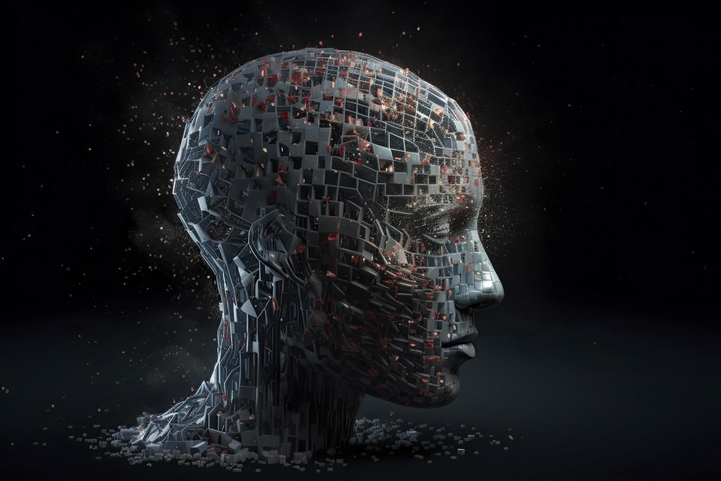 3d dissolvendo humano cabeça fez com cubo em forma partículas foto