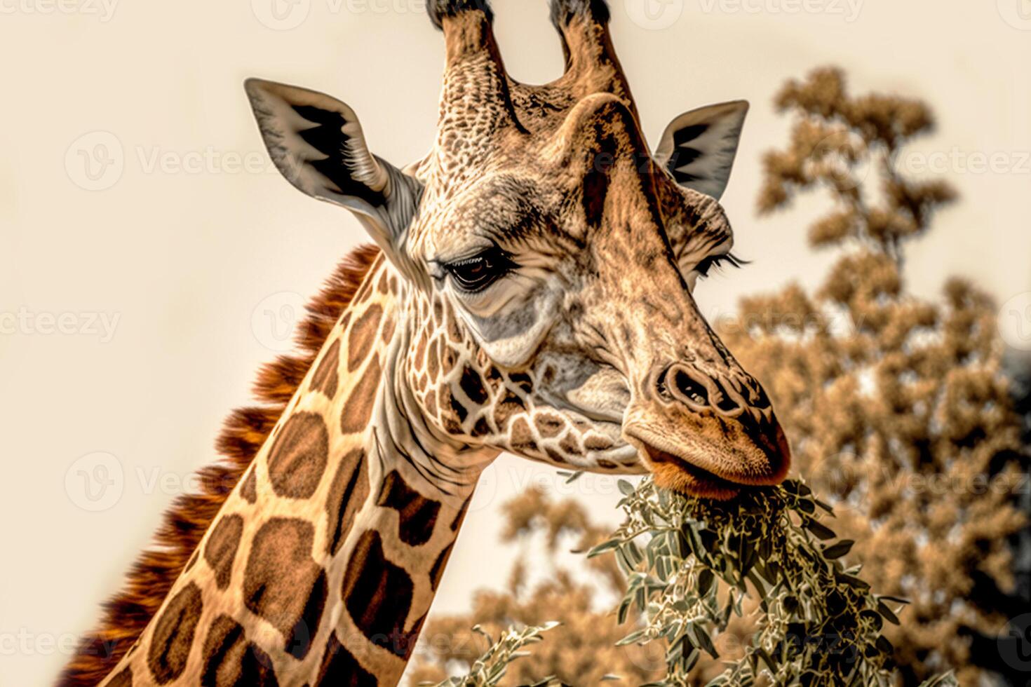 a focinho do uma girafa come folhagem a partir de uma árvore. ai gerado foto