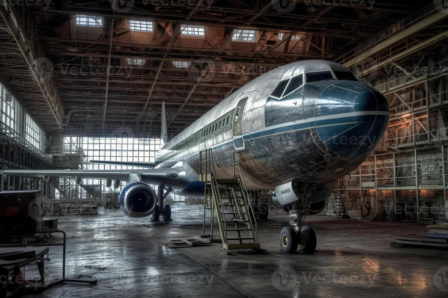 oxidado e velho aeronave dentro a hangar. aeronave reciclando. ai gerado foto