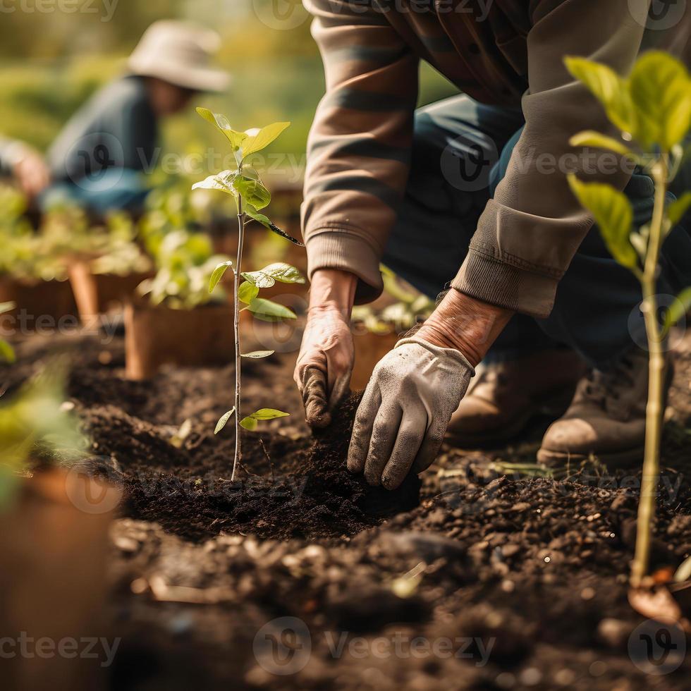 plantio árvores para uma sustentável futuro. comunidade jardim e de Meio Ambiente conservação - promovendo habitat restauração e comunidade noivado em terra dia foto