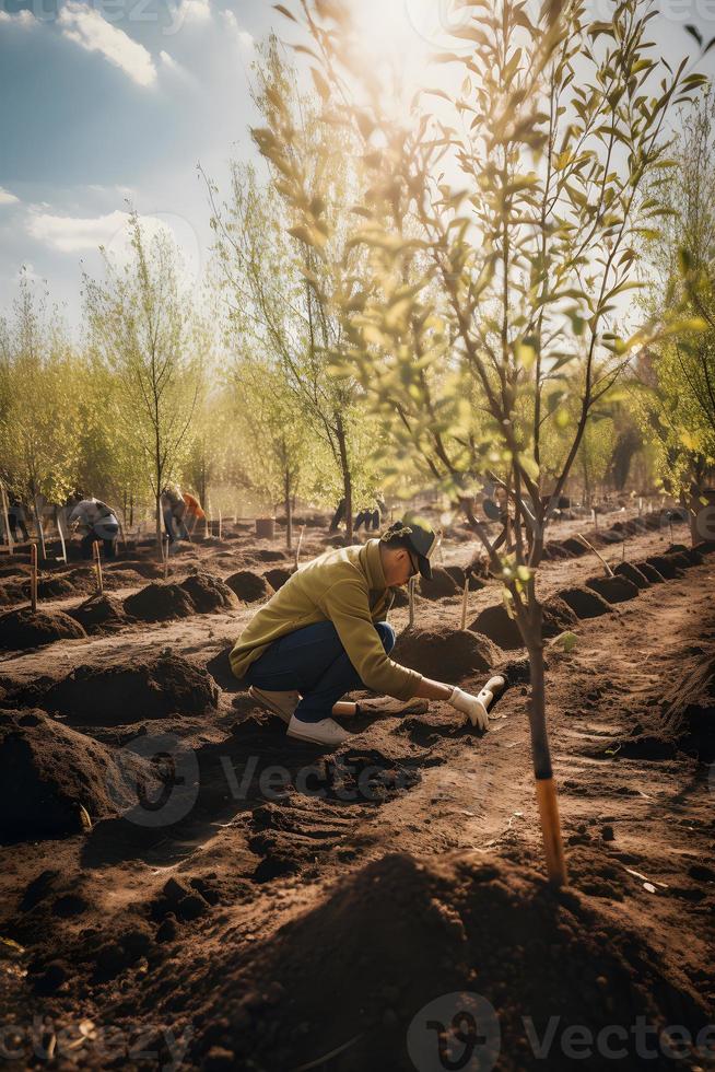 plantio árvores para uma sustentável futuro. comunidade jardim e de Meio Ambiente conservação - promovendo habitat restauração e comunidade noivado em terra dia foto