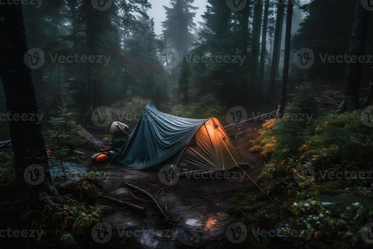 região selvagem sobrevivência. bushcraft barraca debaixo a lona dentro pesado chuva, abraçando a calafrio do alvorecer. uma cena do resistência e resiliência foto