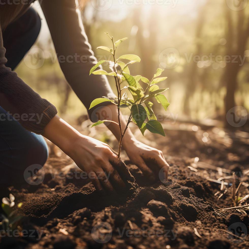 plantio árvores para uma sustentável futuro. comunidade jardim e de Meio Ambiente conservação - promovendo habitat restauração e comunidade noivado em terra dia foto